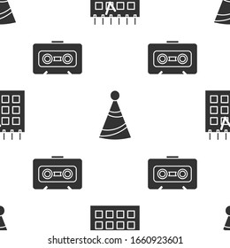 Set Detailed calendar , Party hat  and Retro audio cassette tape  on seamless pattern. Vector