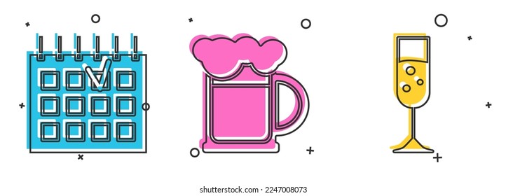 Set Detailed calendar , Wooden beer mug  and Glass of champagne  icon. Vector