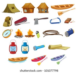 Set of detailed camping equipment on white