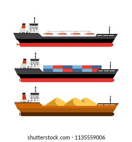 Set of detailed cargo and tanker ships  in flat modern style isolated on white background. Vector illustration.
