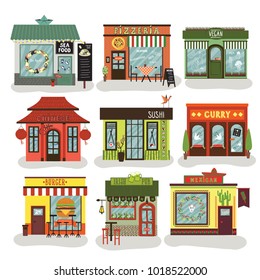 Set of detailed city facade buildings. Restaurants and shops facade icons. Sea food, pizzeria, vegan, chinese, sushi, curry, burger, irish pub, mexican. Vector illustration.