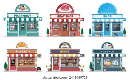 Set of detailed city shop buildings. Bakery, book, milk, meat, pharmacy, grocery store. Small european style shop exterior. Commercial, property, market or supermarket. Flat vector illustration