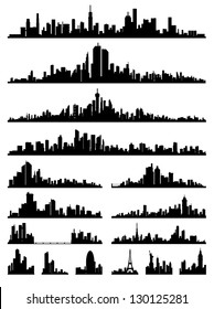 set of detailed city skyline silhouettes