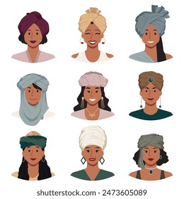 Set of detailed close-up characters wearing turbans highlighting traditional headdresses and styles of different cultures in flat vector design format on isolated background.