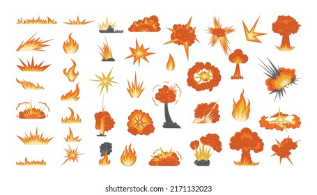 Set von detaillierten Farbexplosionen und Feuer. Farbige Vektorgrafik.
