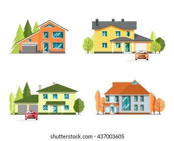 Set of detailed colorful cottage houses. Family home. Flat style modern buildings. Vector illustration