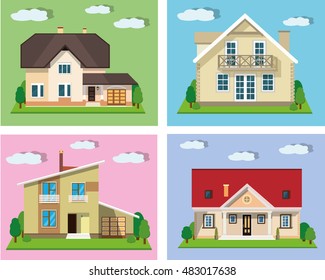 Set of detailed colorful cottage houses. Flat style modern cute buildings. Vector illustration.