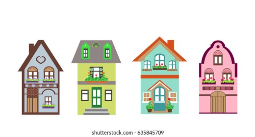 Set of detailed colorful cottage houses