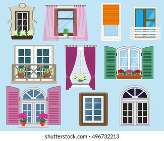 Set of detailed colorful different types house windows with windowsills,curtains,flowers,balconies. Flat style vector illustration.