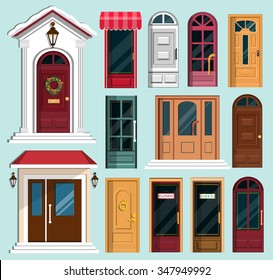 Set of detailed colorful front doors to private houses and buildings. Door with Christmas wreath. Flat style vector illustration.