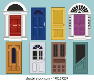 Set of detailed colorful front doors to private houses. Closed elegant doors isolated. Flat style vector illustration.