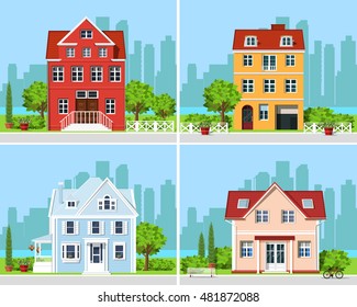 Set of detailed colorful modern cottage houses with trees and city background. Flat style graphic buildings. Vector illustration.