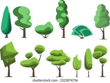 Set of detailed colorful trees. Flat style vector illustration.