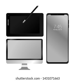 
Set Detailed computer, phone and graphics tablet icons isolated on white background.