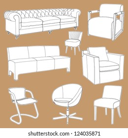 Set of detailed couch, chair and sofa outlines, layered