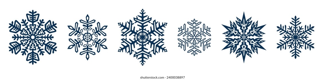 Set of detailed dark blue snowflake icon collection isolated on white background. Winter design elements, frozen symbols. Vector illustration