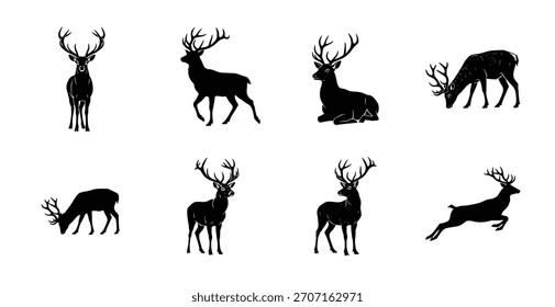 A set of detailed deer silhouettes showcasing different stances and activities, perfect for nature-themed designs.