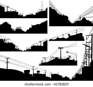 Set of detailed editable vector silhouettes of urban streets