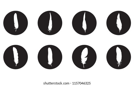 Set of detailed feather silhouettes isolated on a black circles. Laconic and stylish illustration. Monochrome vector