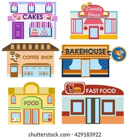  set of detailed flat design city public buildings. facade icons. Cakes, candy shop, coffee house,  bakery, organic food, fastfood. Vector
