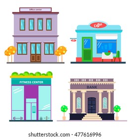 set of detailed flat design city public buildings. Restaurants and shops facade icons. Office center, bank, coffee, fitness center/ 