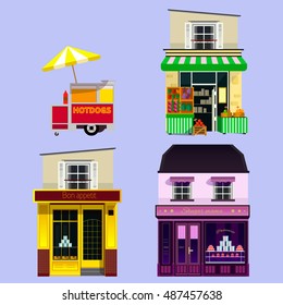 set of detailed flat design city public buildings. Restaurants and shops facade icons, hot dog track