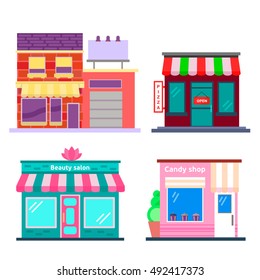 set of detailed flat design city public buildings. Restaurants and shops facade icons. Pizza,candy shop,  spa salon. Vector