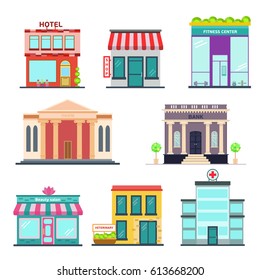 set of detailed flat design city public building facade icons.Hotel, fitness center, theater, shop, spa salon,  bank, veterinary, hospital. Vector