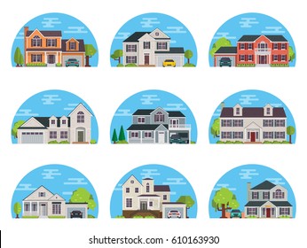 Set of Detailed Flat Design Suburban Houses. Vector Illustration