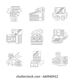 Set of detailed flat line icon for home cinema