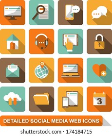 Set of detailed flat social, media, web icons icons with long shadows