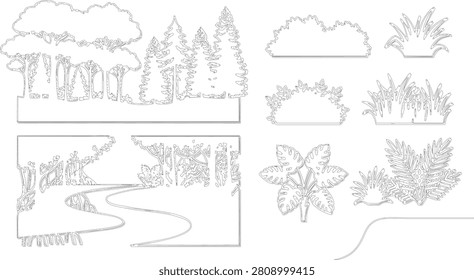 Set of detailed foliage and vegetation elements including various bushes wild grasses tropical plants and forest undergrowth for landscape design projects.