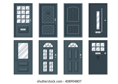 Set of detailed front doors for private house or building. Interior / exterior home entrance decoration elements. Isolated modern architecture element. Wooden doorway construction. Vector illustration