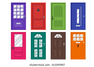 Set of detailed front doors for private house or building. Interior / exterior home entrance decoration elements. Isolated modern architecture element. Wooden doorway construction. Vector illustration