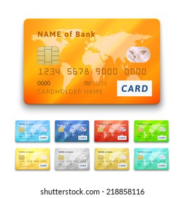 Set of detailed glossy credit cards, blue cyan red orange green yellow gold gray silver color, vector realistic icons isolated on white background