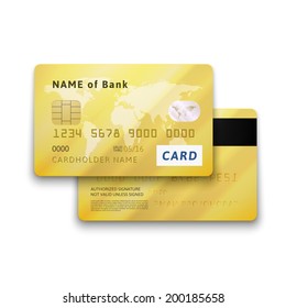 Set of detailed glossy gold credit card with two sides, vector realistic icons isolated on white background