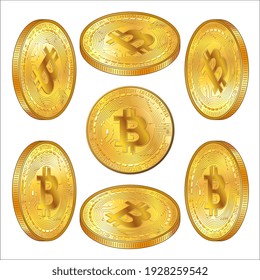 Set of detailed gold coins Bitcoins in isometric view isolated on white. BTC symbol of modern digital gold and money. Vector illustration.