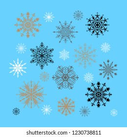 Set of detailed gold, white, black and gray snowflakes isolated on blue background. Vector illustration.