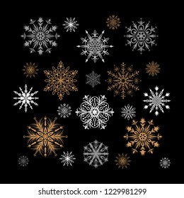Set of detailed gold, white and gray snowflakes isolated on black background. Vector illustration.