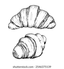 Conjunto de ilustración detallada dibujada a mano de croissants. Vector de bocetos en blanco y negro de un pastel francés en capas y escamoso. Perfecto para panadería, desayuno o diseños relacionados con alimentos y conceptos de embalaje.