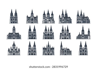 A set of detailed hand drawn illustrations depicting various styles of gothic cathedrals, churches, and basilicas in a uniform artistic style.