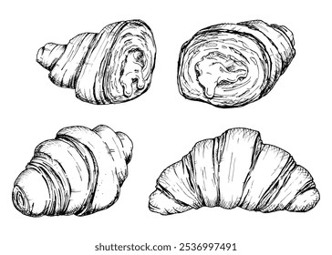 A set of detailed hand drawn vector sketch of croissants, the inner layers and filling. Monochrome clip art of a flaky, layered French pastry for bakery, food-related designs and packaging concepts.