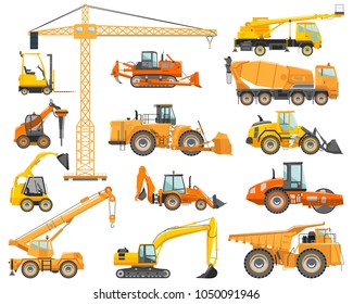 Set of detailed heavy construction and mining machines in flat style on the white background. Building machinery. Special equipment. Vector illustration