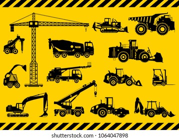 Set of detailed heavy construction and mining machines in flat style on the yellow background. Building machinery. Special equipment. Vector illustration