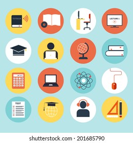 Set of detailed icons about e-learning and education. Illustration of digital education in modern and clean flat style. Big collection of education icons, including school subjects.