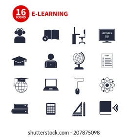 Set of detailed icons about e-learning. Illustration of digital education in modern and clean flat style. Big collection of education icons, including school subjects, e-learning concept