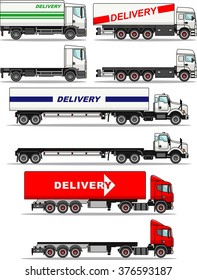 Set of detailed illustration of delivery trucks isolated on white background in flat style. Vector illustration.