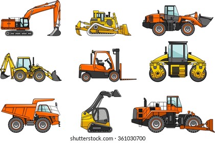 Set of detailed illustration heavy construction machines isolated on white background in flat style. Vector illustration