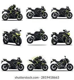 A set of detailed illustrations featuring modern black sport motorcycles with neon yellow accents, shown in different action poses and stationary positions.