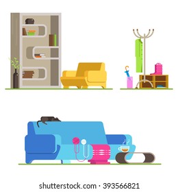 Set detailed interior room flat design. Interior living room and hallway: couch,  coffee table,  bookshelves, armchair, ball of wool, clothes, shoes. Vector illustration detailed interior room.